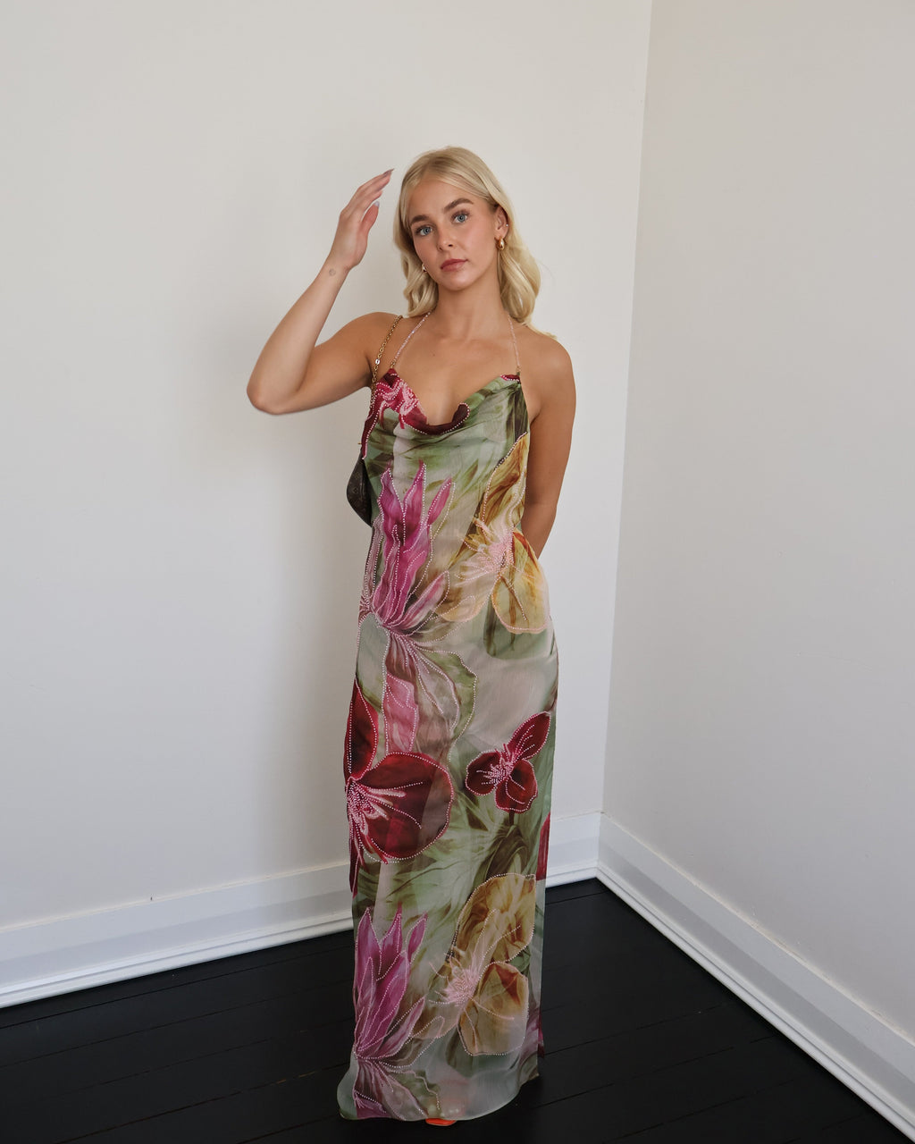 Dahlia Hand-Beaded Backless Chiffon Maxi Dress