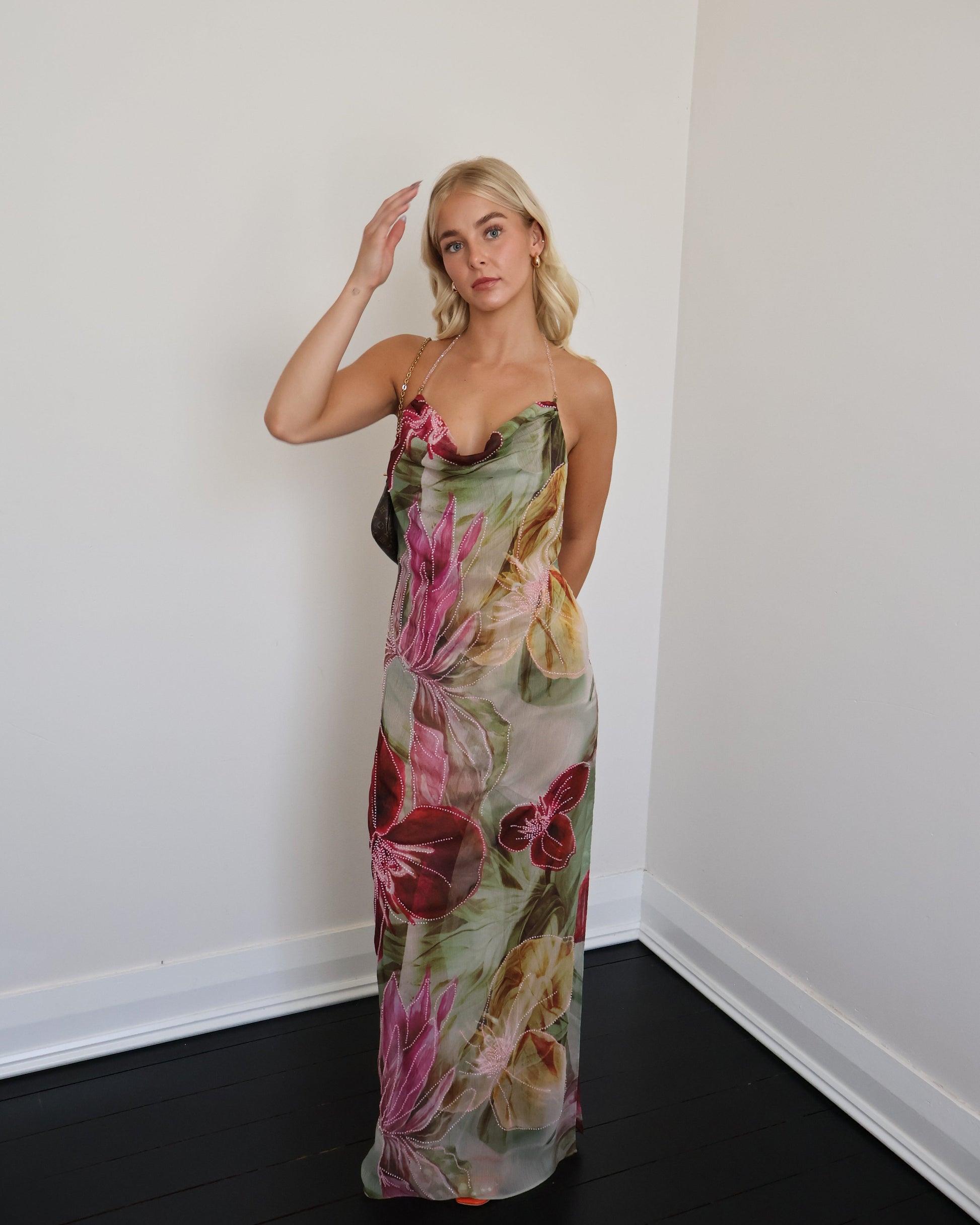 Dahlia Hand-Beaded Backless Chiffon Maxi Dress